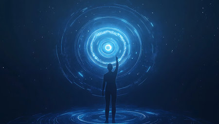 Back view of businesswoman with hands on hips against futuristic blue backgroundの写真素材