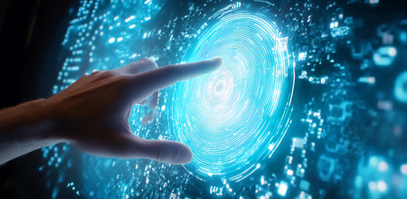 Close up of human hand touching button on media screen 3D renderingの写真素材
