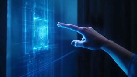 Finger touching virtual screen. Fingerprint scan concept. 3d renderingの写真素材