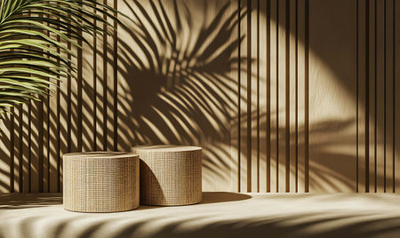 3d render of product display podium and palm leaf shadow on the wallの写真素材