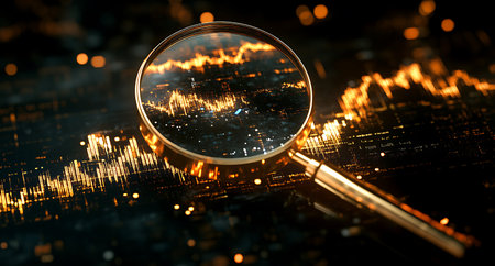 Magnifying glass on the background of the stock market. 3d illustrationの写真素材