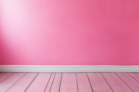 Pink wall with wooden floor and pink wall background, interior design.の写真素材