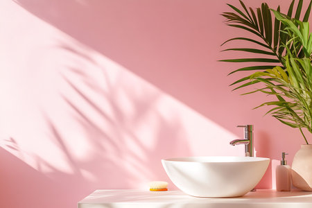 Bathroom interior with white bathtub, sponge and palm leaf shadow on pink wall. Mock up, 3D Renderingの写真素材