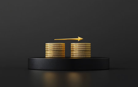 Golden coin stacks on black pedestal, 3d render illustration.の写真素材