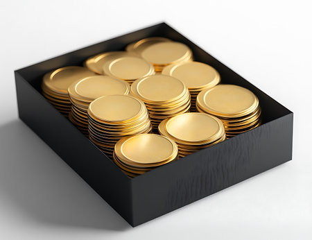Golden coins in a black box isolated on white background. 3d renderの写真素材