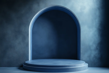 3d rendering of blue podium with arch and smoke on the backgroundの写真素材