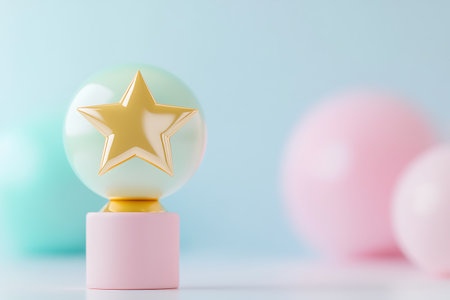 Christmas decoration with ball and stars on blue and pink pastel backgroundの写真素材