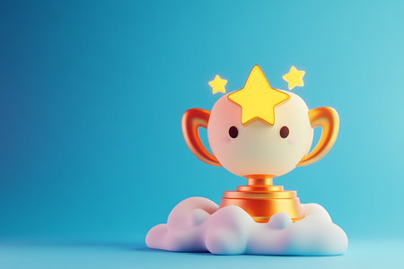 3d rendering of golden trophy cup with star on blue background.の写真素材