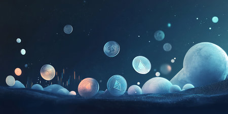 Cryptocurrency coin floating in space. Cryptocurrency concept. 3D renderingの写真素材