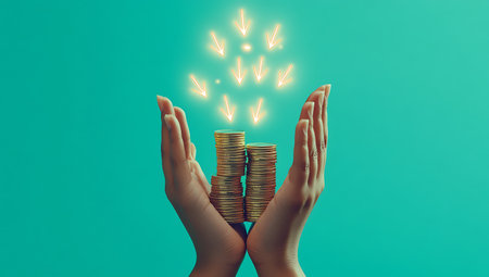 Hands with money coins and glowing arrows on green background. Money savings and investment conceptの写真素材