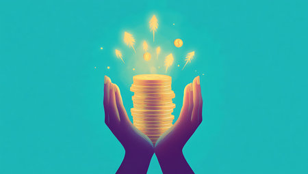 Close up of human hands holding golden coins with firework on blue backgroundの写真素材