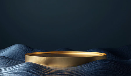 3d render, abstract background with blue waves and golden round podium for product presentationの写真素材