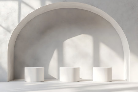 3D rendering of abstract minimal geometric forms. White podium for product presentation in minimal style with shadows from the window.の写真素材