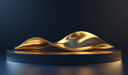 3d render, abstract black background with golden waves, podium for product presentationの写真素材