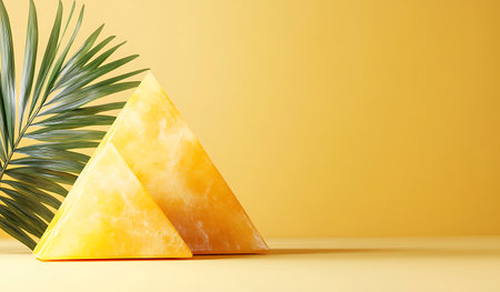 Yellow pyramid with palm leaf on yellow background. 3d rendering.の写真素材