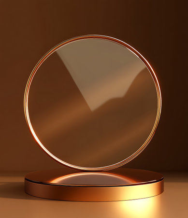 Abstract 3d render of golden podium with round frame on brown backgroundの写真素材