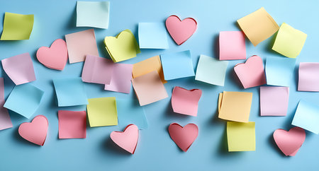 Colorful sticky notes with hearts on blue background. Valentine's day conceptの写真素材