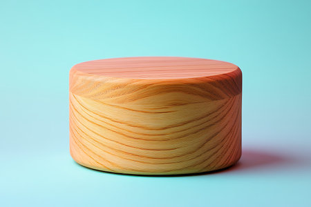 Wooden round podium on blue background. 3d render illustration.の写真素材