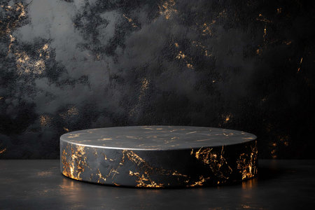 Black marble podium on dark background. Mock up, 3D Renderingの写真素材