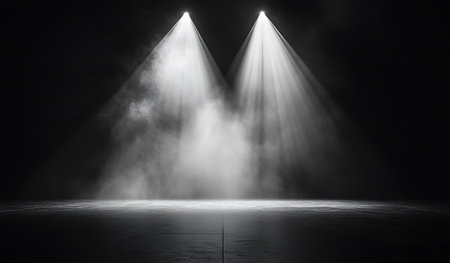Stage Spotlight with smoke and spotlights, Stage Spotlight on a black backgroundの写真素材