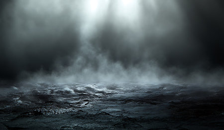 Dark street, wet asphalt, reflections of rays in the water. Abstract dark background, smoke, smog. Dark scene, neon light, spotlightsの写真素材