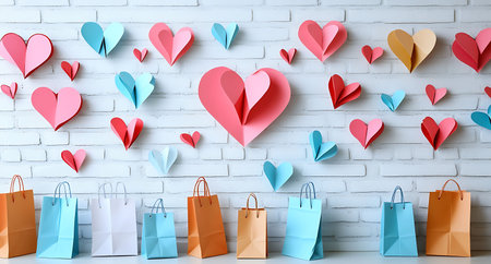Paper hearts and shopping bags on brick wall background. Valentine's day conceptの写真素材