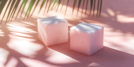 Two white square soap bars on pink background with palm leaves shadows.の写真素材