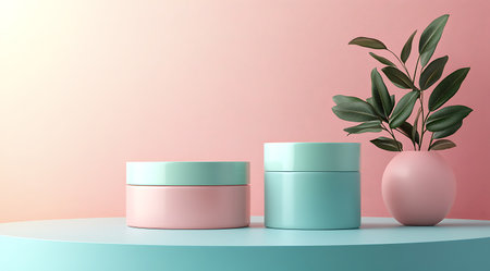 3d render of a pink and turquoise product display podium with green plantの写真素材