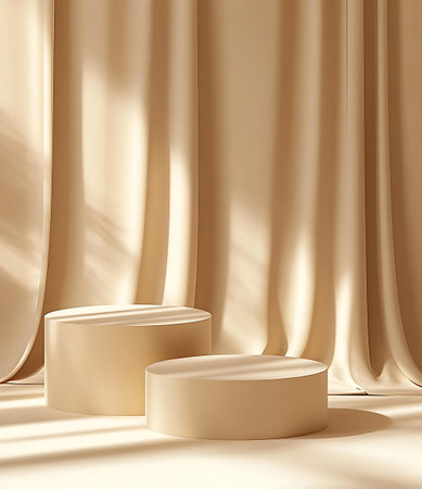 3d render of luxury podium for product display with drapery curtain backgroundの写真素材