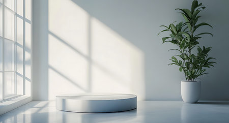 Minimalistic scene with white podium and plant. 3D renderingの写真素材