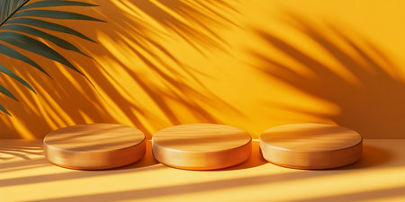 Minimal scene with three wooden podiums and palm leaf shadow on yellow background. 3d renderの写真素材