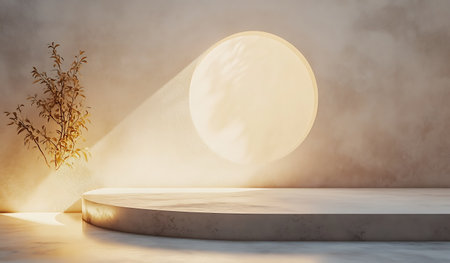 Minimalist scene with round podium and plant. 3D Renderingの写真素材