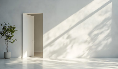 Interior of modern bright room with white walls, concrete floor and open door. 3d renderingの写真素材