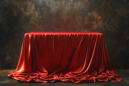 Red velvet tablecloth on dark background. Mock up, 3D Renderingの写真素材
