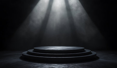 Stage podium illuminated with spotlight. Award ceremony concept. 3D Renderingの写真素材