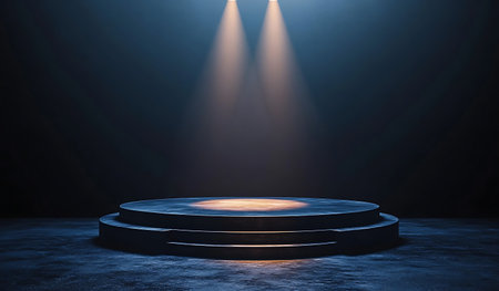 Stage podium illuminated with spotlight. Award ceremony concept. 3D Renderingの写真素材
