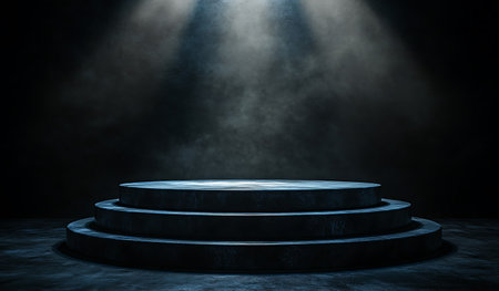 Round podium in dark room illuminated by spotlights. 3D renderingの写真素材