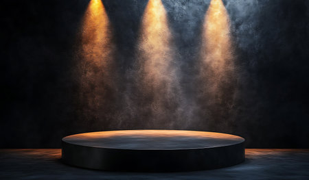 Stage podium illuminated with spotlight. Award ceremony concept. Stage backdrop.の写真素材
