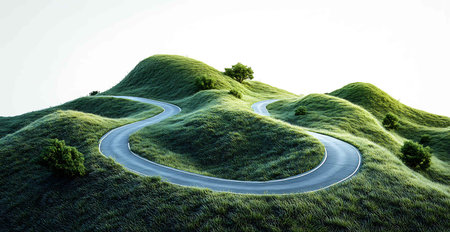 Road on the hillside with trees and grass. 3d renderの写真素材