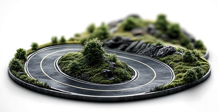 3d rendering of a road running through a green landscape with treesの写真素材