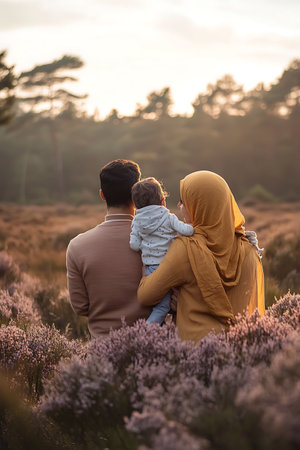 Rear view of a happy family standing in a field of heather at sunsetの素材