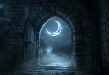 Mystical door and moon in the sky. 3D renderingの写真素材