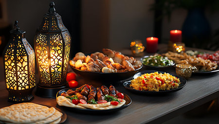 Traditional ramadan kareem table with food and lanterns.の写真素材