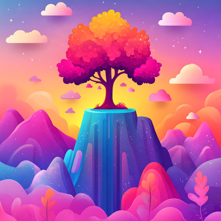 Fantasy landscape with big tree on top of the mountain. Vector illustrationの写真素材