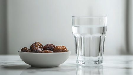 A glass of water and dates in a white bowl on a white tableの写真素材