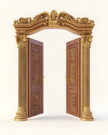 3d render of entrance door with gold ornament on white background.の写真素材