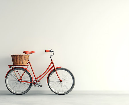3d rendering of a red bicycle with a basket on the wallの写真素材