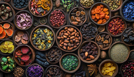 Spices and herbs in wooden bowls, top view. Food backgroundの写真素材