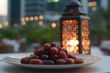 Dates fruit on the table with blurred background, Ramadan Kareem conceptの写真素材