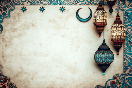 Colorful Ramadan Kareem background with arabic lanterns and crescent moon.の写真素材